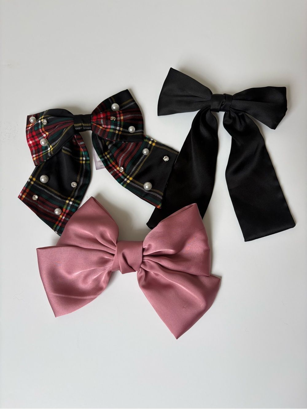 J. Crew Handmade Kids Bow Trio - Pink Satin, Black Satin & Tartan Pearl